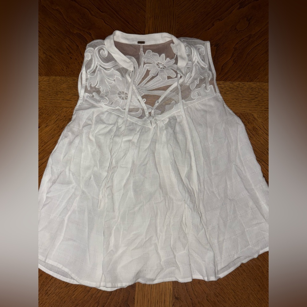 Free People Cream Pleated Tie Front Blouse